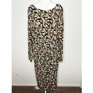 ELOQUII Womens Green & Blush Geo Print Tie-Side Maxi Jersey Dress Size 26 EUC